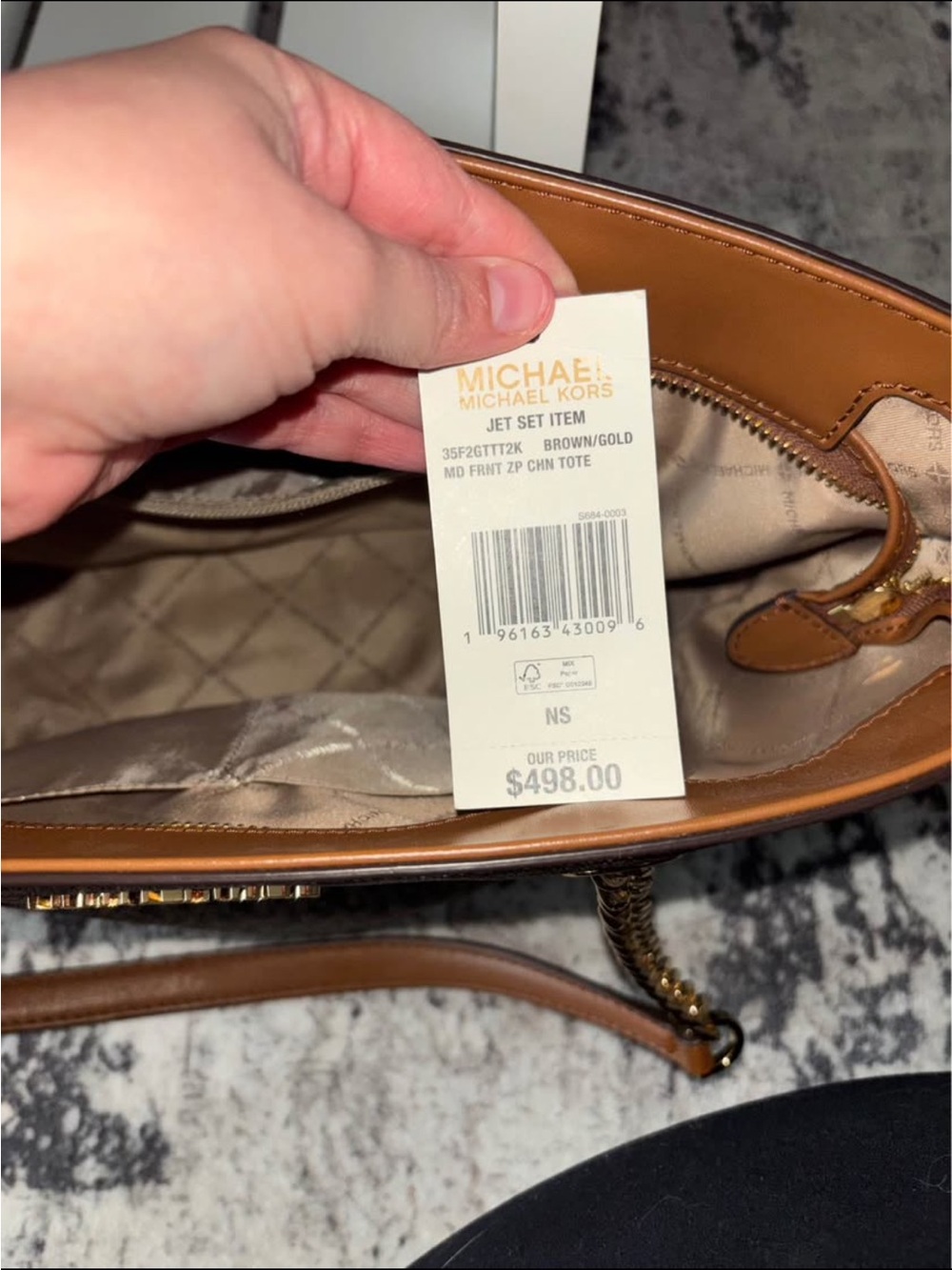 Michael Kors Brown MK Logo Tote with Gold Chain Handles - Picture 3 of 5